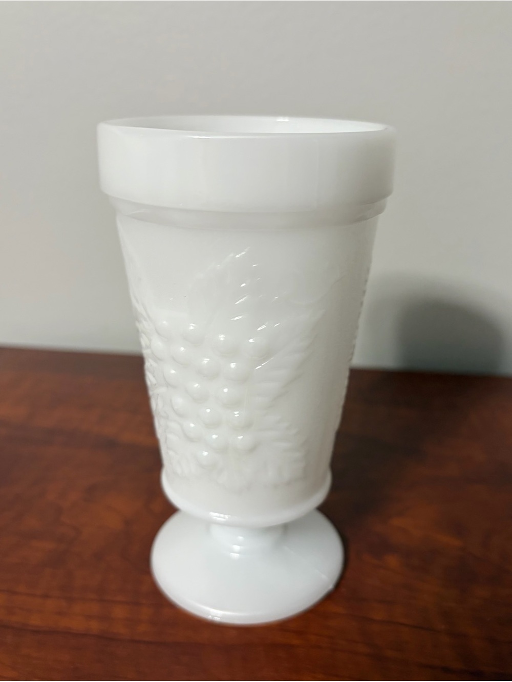 White Milk Glass Pedestal Goblet with Grape Embossing - Picture 2 of 7
